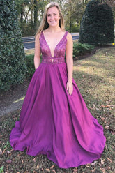 A-Line V-Neck Sweep Train Fuchsia Prom Dress with Beading Pockets DML87